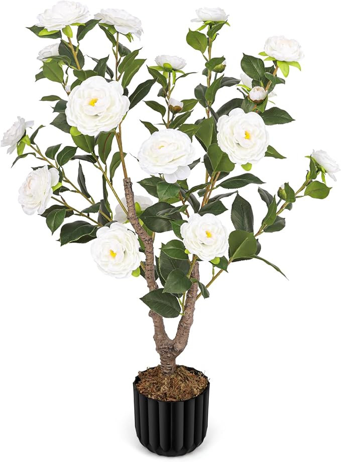 Artificial Camellia Tree for Indoor and Outdoor, Faux Flower Tree Plant in Pot Fake Topiaries for... | Amazon (US)