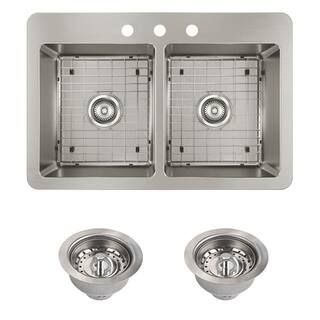 Avenue Drop-in/Undermount Stainless Steel 33 in. 50/50 Double Bowl Kitchen Sink with Bottom Grid ... | The Home Depot
