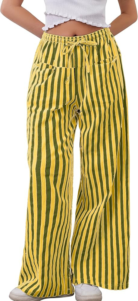 MISSACTIVER Women Drawstring Striped Pants Loose Wide Leg Trousers Casual Low Waist Pants Comfy L... | Amazon (US)