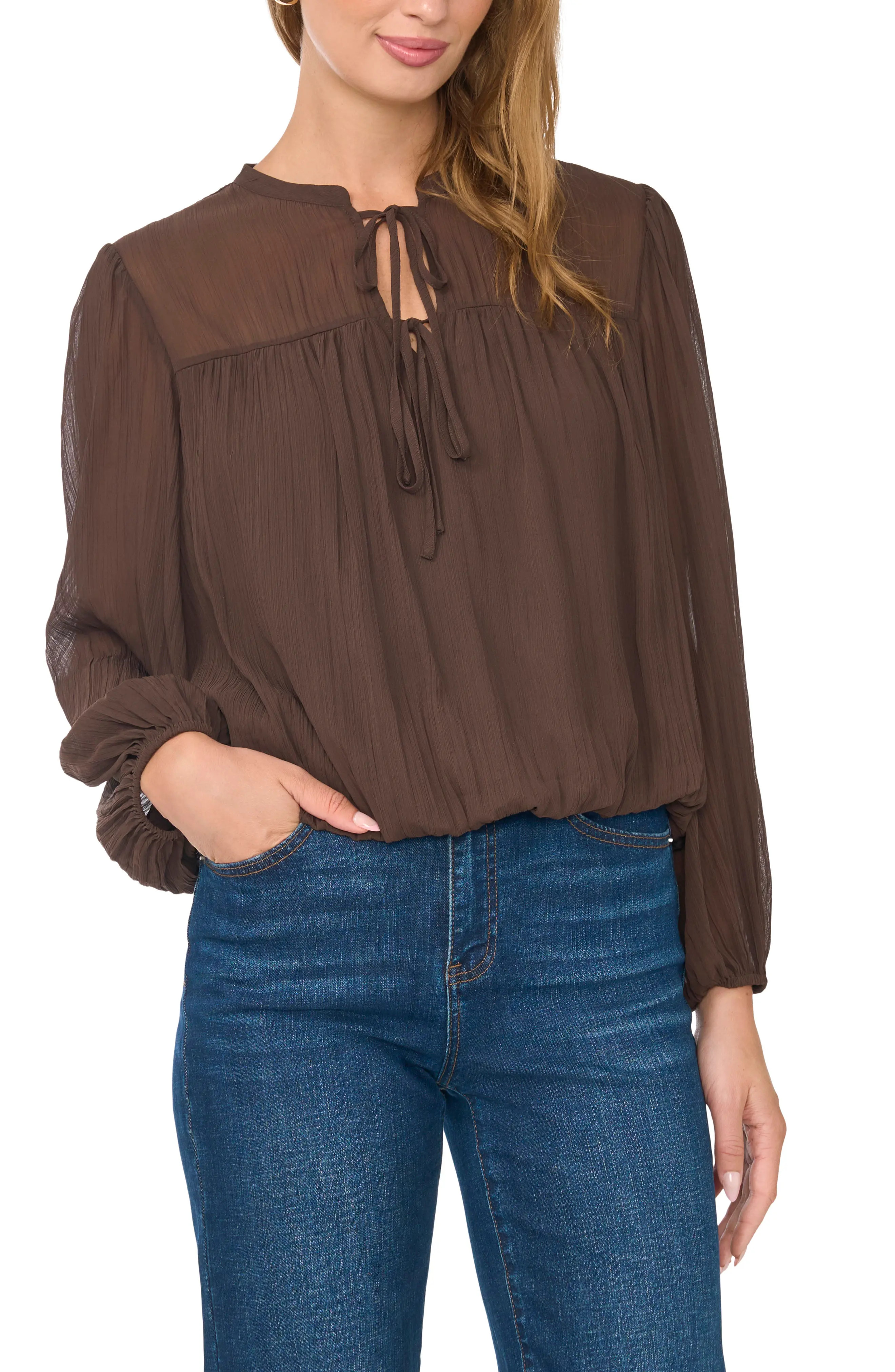 Vince Camuto Tie Neck Bubble Hem Top in Rich Chocolate at Nordstrom, Size Medium | Nordstrom