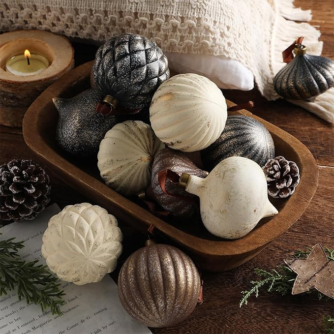 12 Pcs Textured Christmas Ornaments 2.36'' Neutral Home Decor with Hanging Loop Brown Vintage Lar... | Amazon (US)