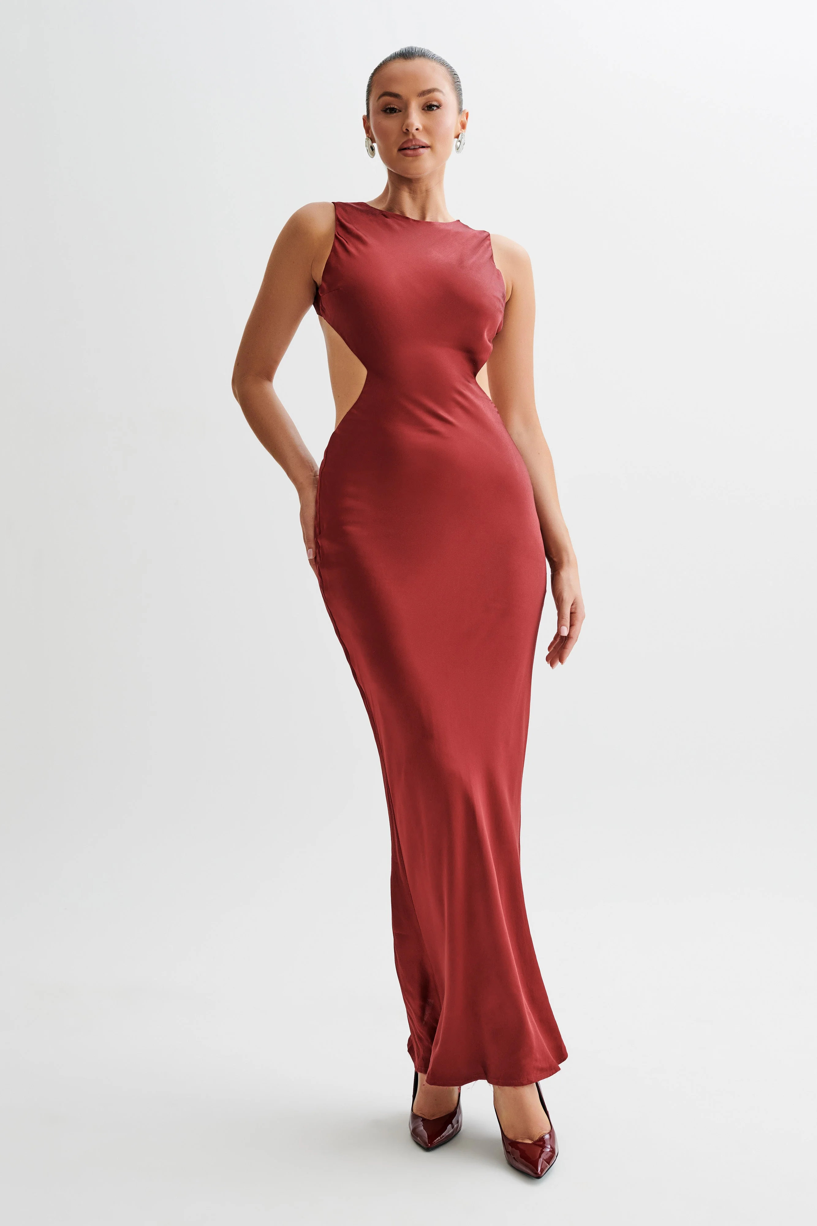 Electra Satin Cut Out Maxi Dress - Berry | MESHKI US