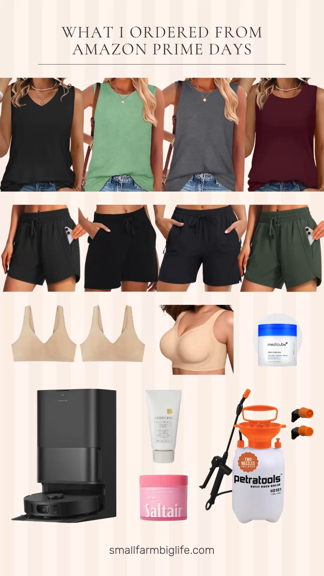 I went all in on Amazon Prime Day this year and everything I ordered is still on sale so I am sharing my haul! 
The LetsJoli wireless bra in nude is on my fifth order of this exact bra. The full coverage fit is unlike anything else I have found and I keep coming back to it. The Hanes wireless bra is another longtime staple that is light and so comfortable for everyday wear.
I grabbed three of the sleeveless tanks in grey, wine red, and grass green because they are such easy summer tops and the price is amazing. The black JOLIGAL vneck tunic tank is one I already own in multiple colors and the fabric and fit are both so good.
For shorts I ordered the Ksmien 5 inch athletic shorts in olive and black since I already own a pair and love them, the BALEAF cotton lounge shorts because sometimes you just want a soft cotton short, and the MAGCOMSEN hiking shorts which I have and they are really comfortable.
The Saltair Multi-Lipid Body Butter is my favorite body butter in a new scent I wanted to try and the La Roche-Posay Cicaplast Balm is new to me but I have already used it and love it for skin barrier repair.
The Dreame D30 Ultra robot vacuum and mop is the big purchase of my Prime Day haul. I already own a Dreame stand up mop and vacuum and love it so I am excited to try their robot version.
And finally the Kristin Ess air dry cream for curl definition and the Petratools pump sprayer for fly spray around the farm rounded out my order. Tap to shop everything while the Prime Day prices are still live! 

 #LTKstorytime #LTKOver40 #LTKSaleAlert