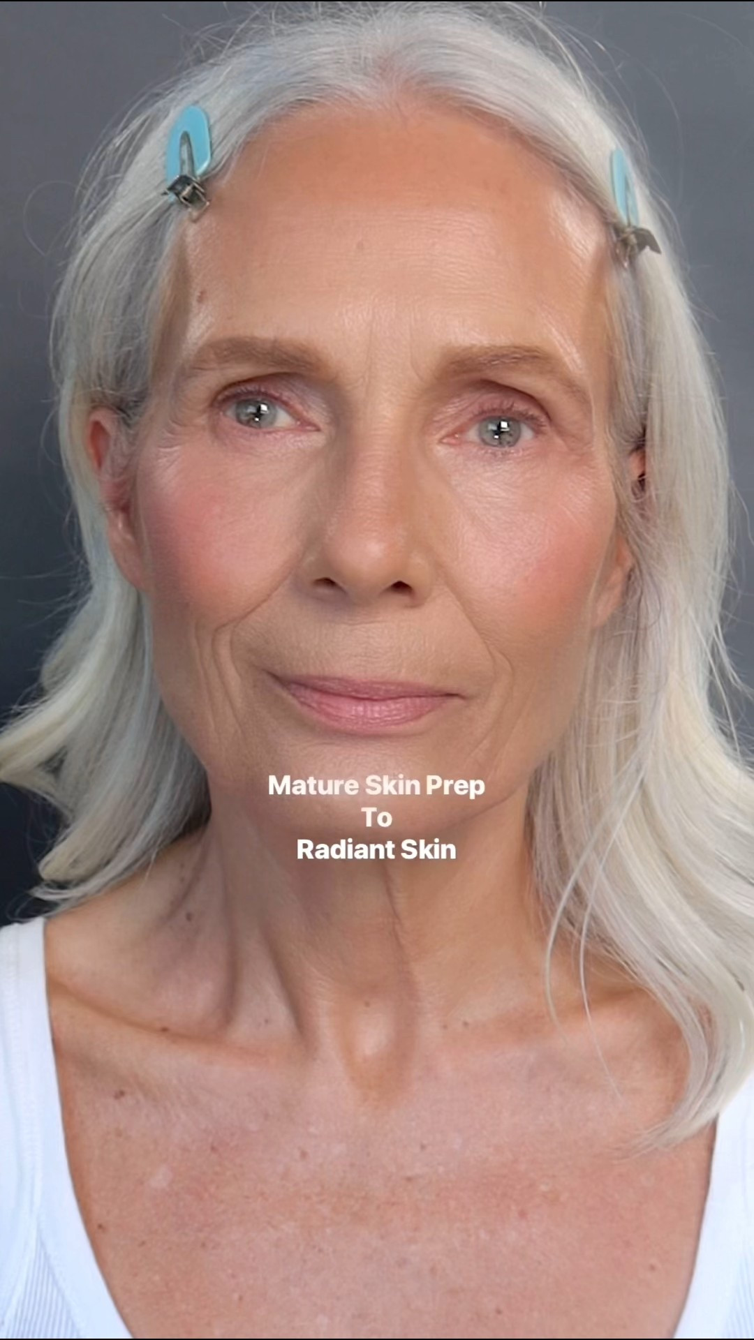 
Hey my love … here is the product breakdown for the forever young mature skin tutorial. 

Products are in order of appearance.

1. antioxidant HydraMist dermalogica 
2. futurist peptide power serum primer Estée Lauder
3. revitalising supreme youth power crème Estée Lauder
4. futurist skin tint serum Estee Lauder 
5. natural definition brow palette Nude By Nature
6. soft touch brightening skin concealer Estee Lauder
7. glow play blush by Mac in shade Grand (neutral shade) Totally Sync (pink) 
8. By Terry Hydra Powder 


Hope this helps. Let me know if you have any other questions… MM x 
