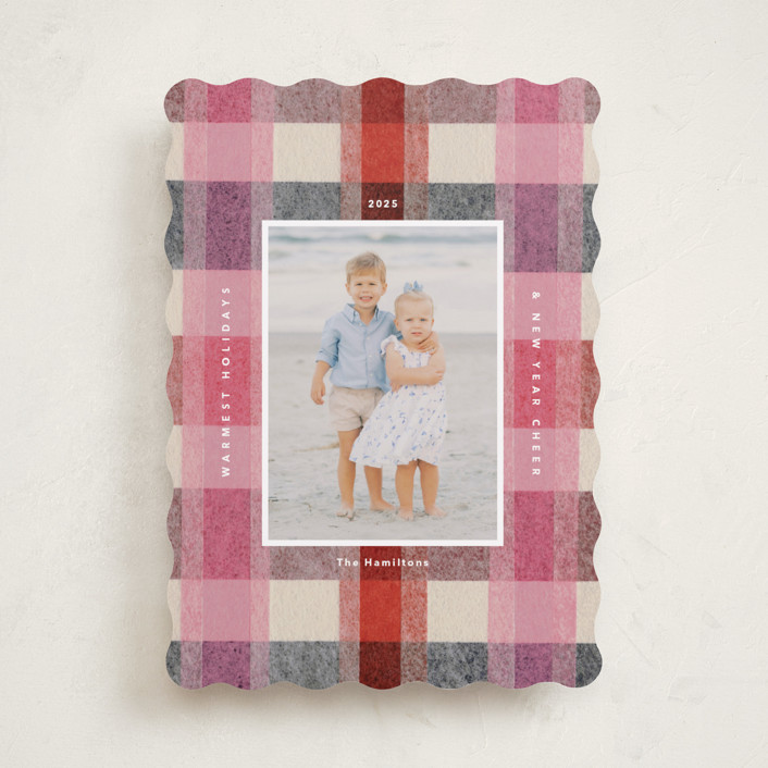"cozy checked plaid" - Customizable Holiday Photo Cards in Pink or Red by Carrie Moradi. | Minted