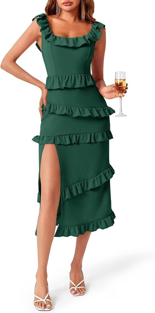 Fisoew Womens Ruffled Formal Dress Party Sleeveless Side Slit Square Neck Wedding Guest Bridemaid... | Amazon (US)