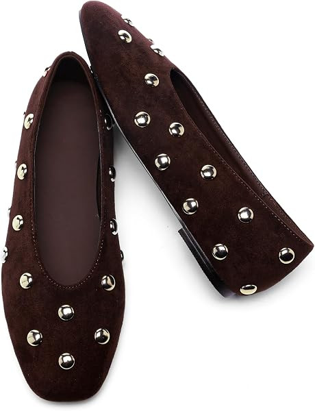 Studded Flats for Women Square Toe Slip on Suede Ballet Flats | Amazon (US)
