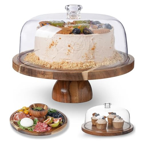 Kanwone Acacia Wood Cake Stand with Acrylic Lid (Not Glass) - 12in Cake Plate, 2-in-1 Multi-Functional Dessert Table Display Set, Charcuterie Board for Cheese, Chips & Dips, Nachos, Cake Holder with Dome, Detachable Design | Amazon (US)