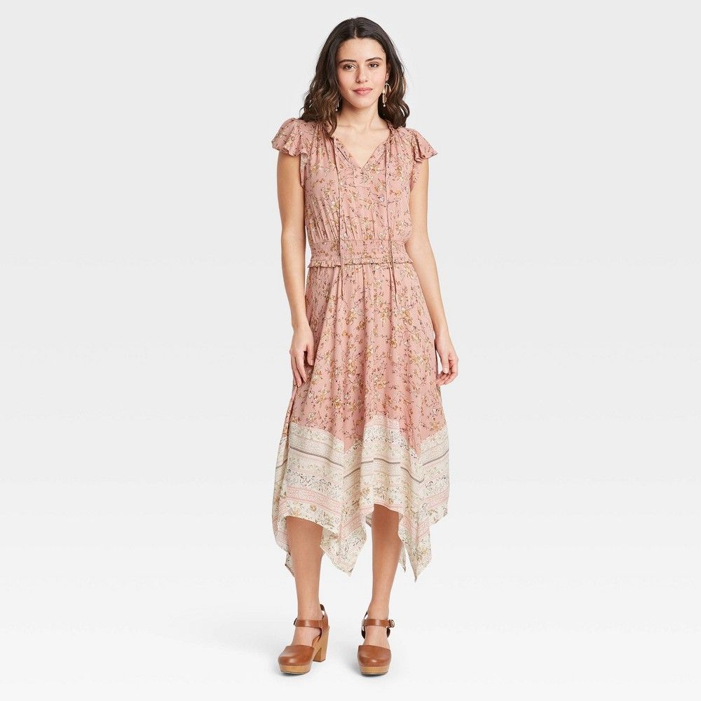 Women's Flutter Short Sleeve Smocked Waist Dress - Knox Rose Pale Blush Floral S | Target