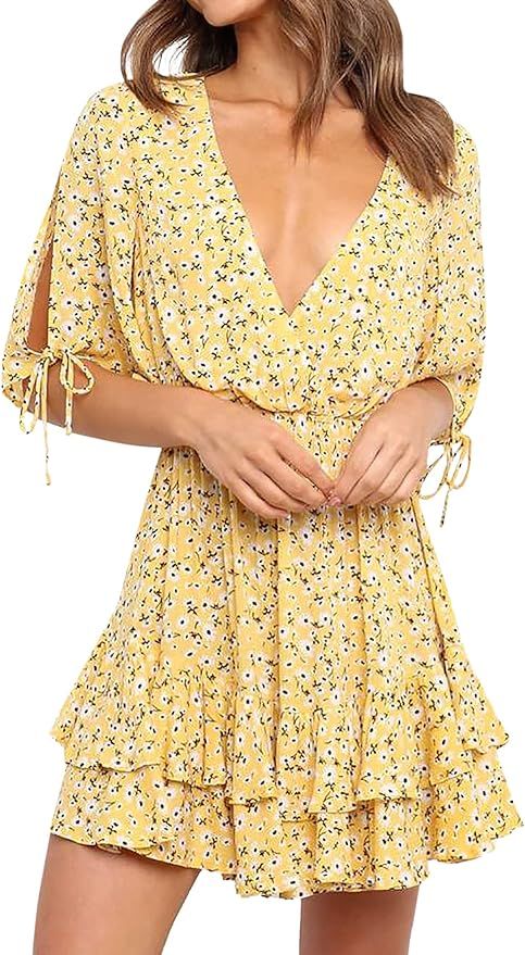 AIMCOO Women's Summer Casual Floral Print Dress Short Sleeve Deep V Neck Dresses High Elastic Wai... | Amazon (US)