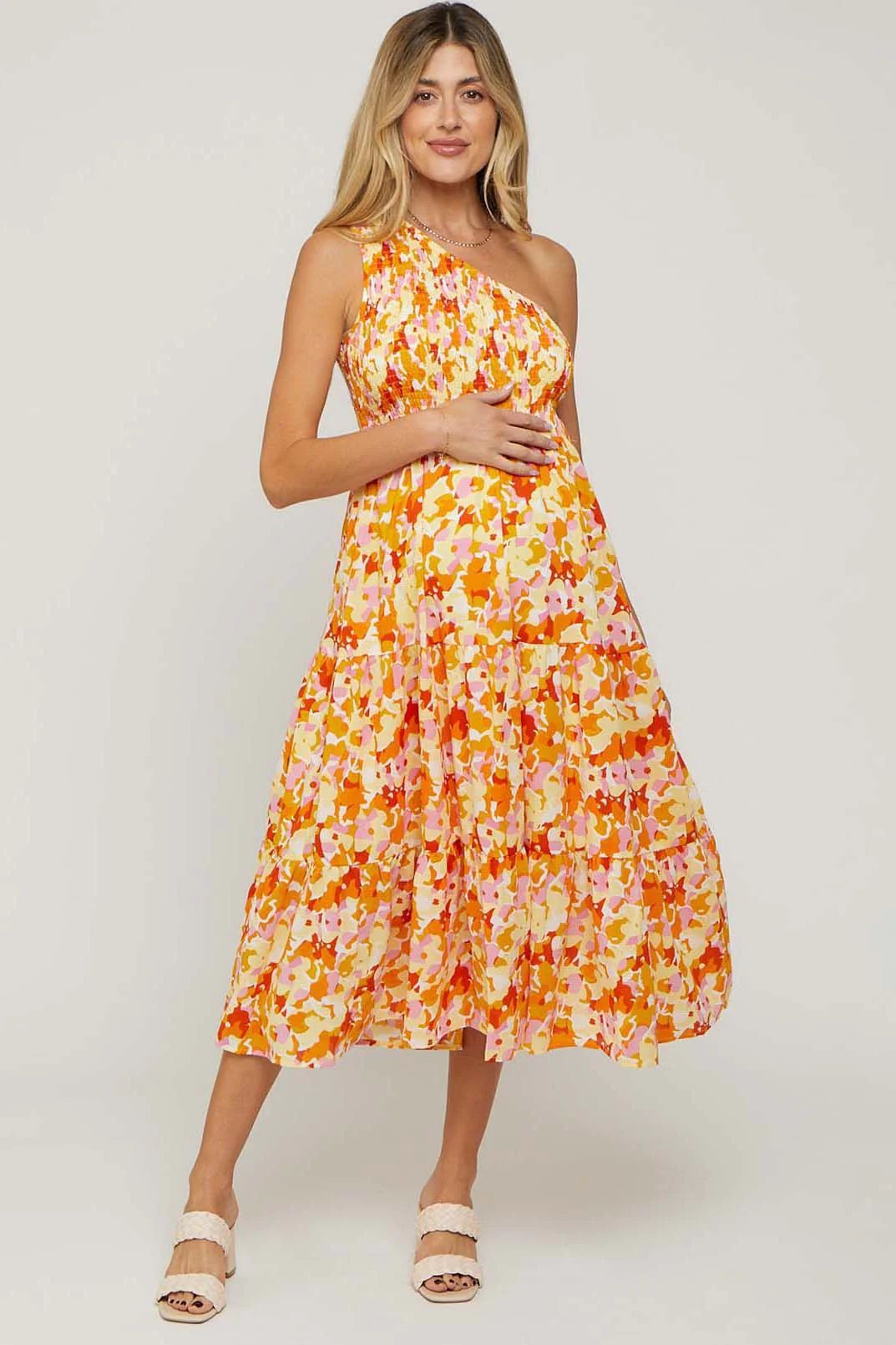 Orange Print Smocked One Shoulder Maternity Midi Dress | PinkBlush Maternity