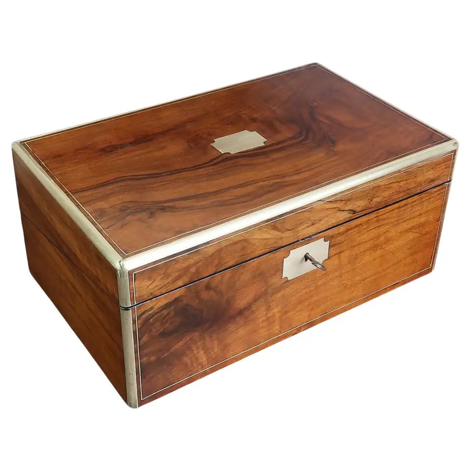 Antique Brass Mounted Walnut Writing Box With Secret Drawers. English C.1860 | 1stDibs