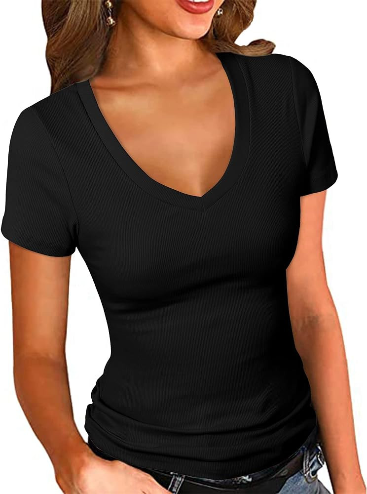 PALINDA Women's Short Sleeves Ribbed Fitted Shirt Basic V Neck Slim T Shirt Tops | Amazon (US)