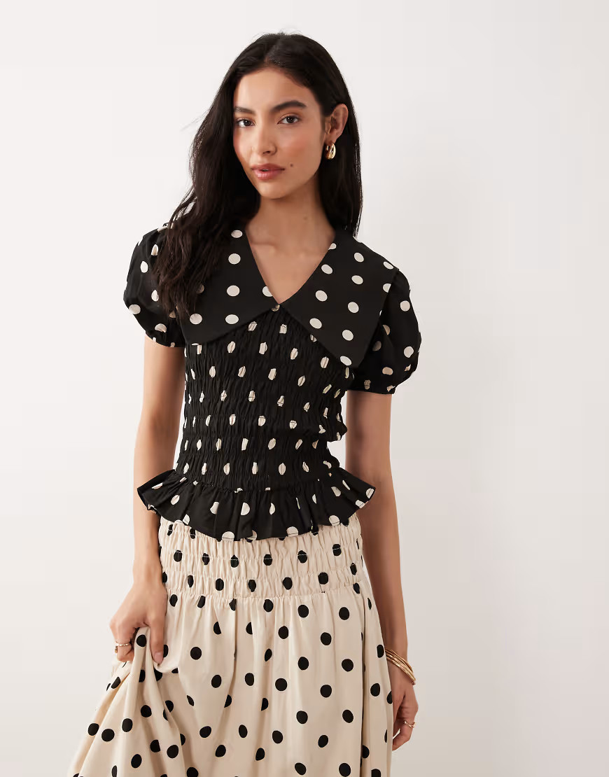 Glamorous shirred top with puff sleeves and collar in black polka dots - part of a set-Multi | ASOS (Global)