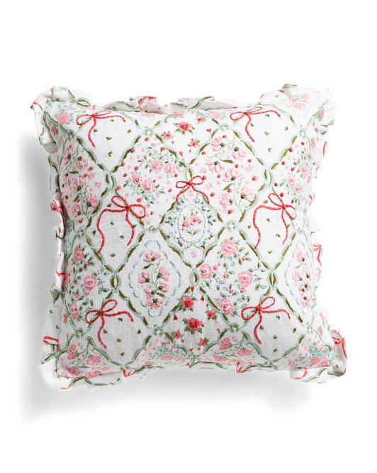 20x20 Vintage Floral Trellis Embroidered Ruffle Pillow | TJ Maxx