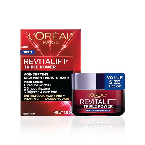 L'Oreal Paris Revitalift Triple Power Rich Night Cream, Anti Aging Moisturizer With Glycolic Acid, Vitamin C & Hyaluronic Acid, Visibly Smooths Texture, Reduces Fine Lines & Evens Skin Tone, 2.55 oz | Amazon (US)