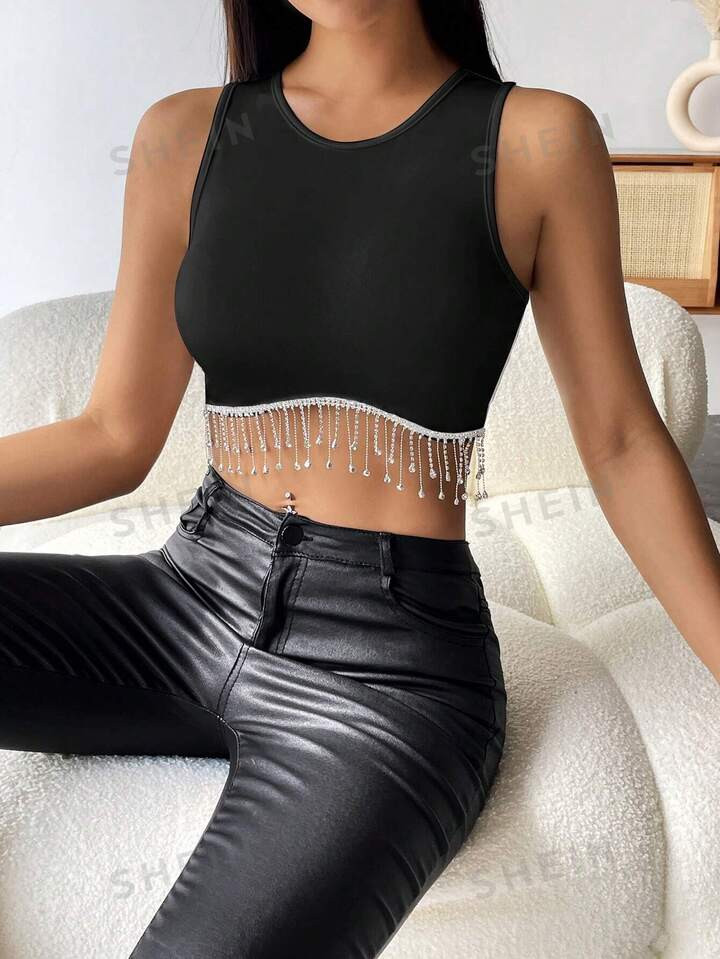 SHEIN PETITE Rhinestone Fringe Hem Crop Tank Top | SHEIN