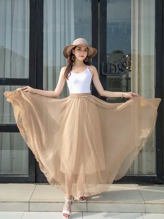 New Elastic Waist Bohemia Boho Beach Chiffon Skirt for Women, Khaki Big Swing Pleated Circle Skir... | Etsy (US)