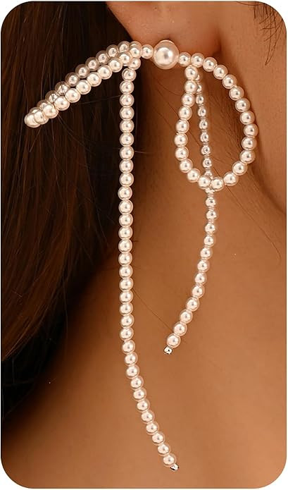 Bow Earrings for Women, Long Tassel Chain Drop Earrings, Trendy Small Bow Earrings, Ribbon Waterf... | Amazon (US)