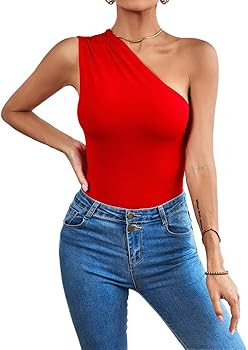 LYANER Women's Sexy One Shoulder Ruched Sleeveless Slim Fit Bodysuit Leotard Top | Amazon (US)