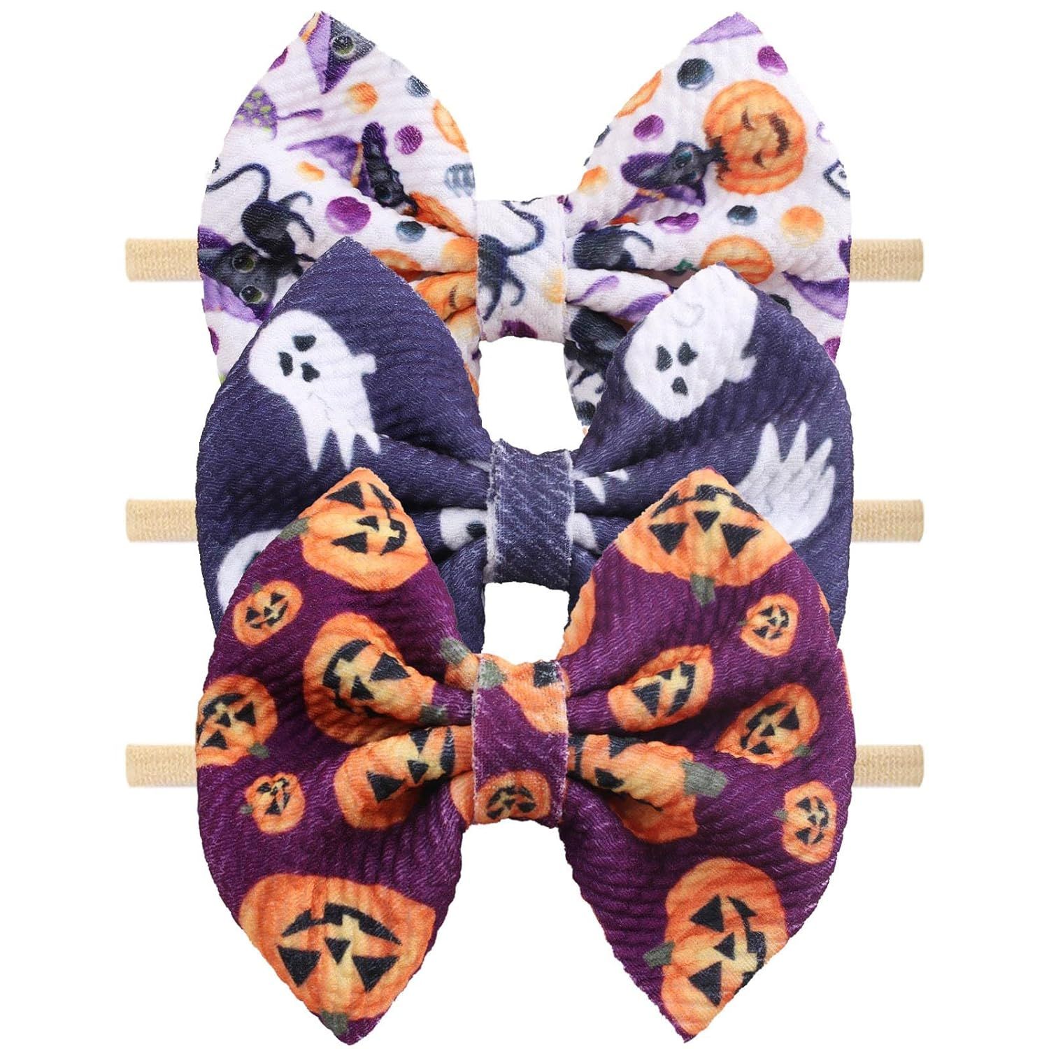 Halloween Baby Headband Cheer Bow,Baby Girl Orange Pumpkin Hair Bow Ghost Printed Elastic Nylon H... | Amazon (US)