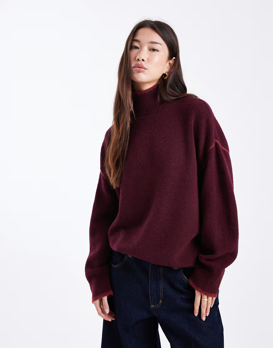 Vero Moda high neck knit sweater with contrast tipping in burgundy-Red | ASOS (Global)