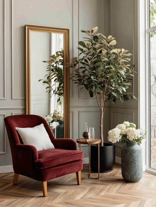 Want your home to feel timeless instead of trendy? Pair velvet with antique gold.

It's a combination that's been used in grand European homes and royal interiors for centuries, and it still feels just as elegant today.

Start with a beautiful velvet accent chair in a rich color like burgundy, emerald, navy, or brown. Add a statement antique gold mirror to reflect light and create depth. Then bring it into the modern era with one final touch—a tall indoor tree that softens the space with natural greenery.

Luxury isn't about filling a room with more furniture. It's about choosing a few timeless pieces that work beautifully together.

#AccentChair #GoldMirror #HomeDecorIdeas #ElegantAndDriven 

 #LTKHome