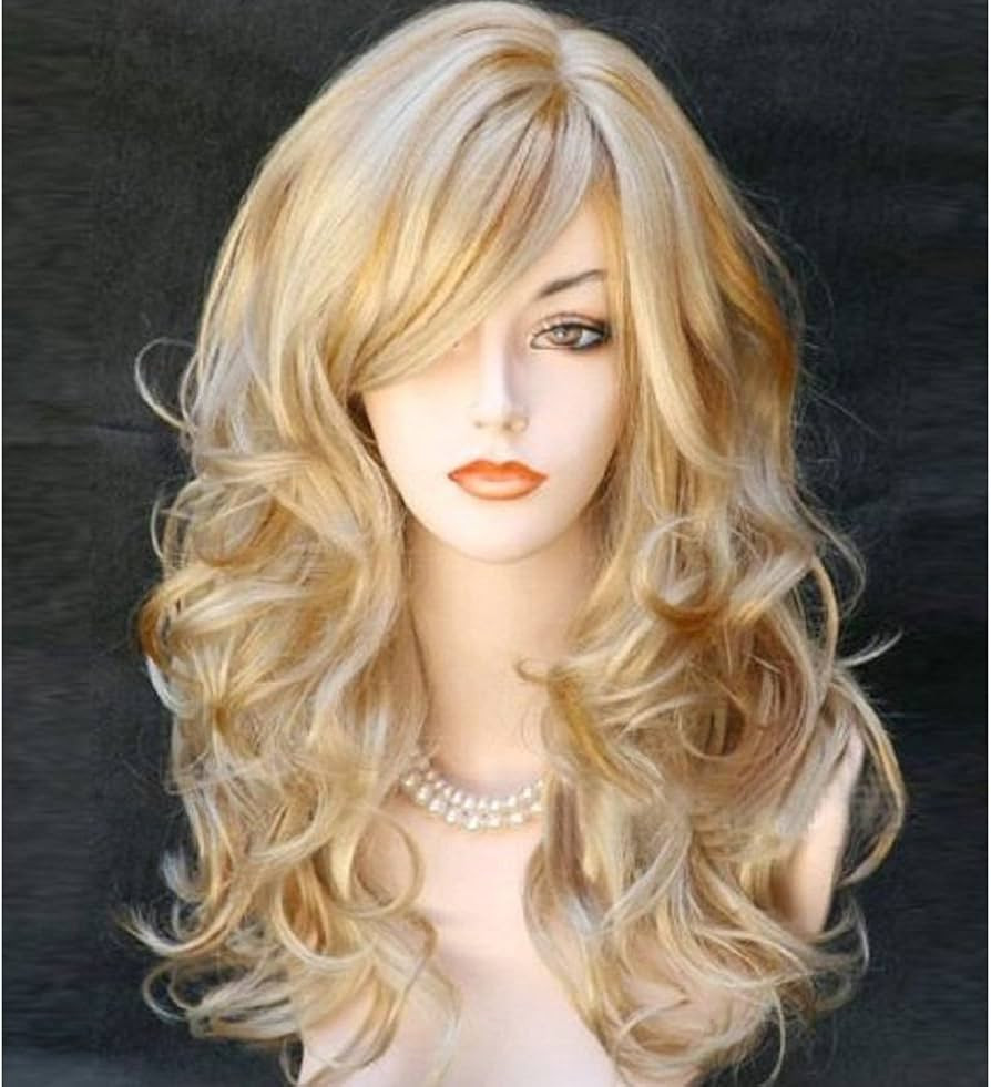 RightOn 21" Stylish Long Curly Wavy Blonde Hair Wig with Bangs Party Perruque Halloween Cosplay P... | Amazon (US)