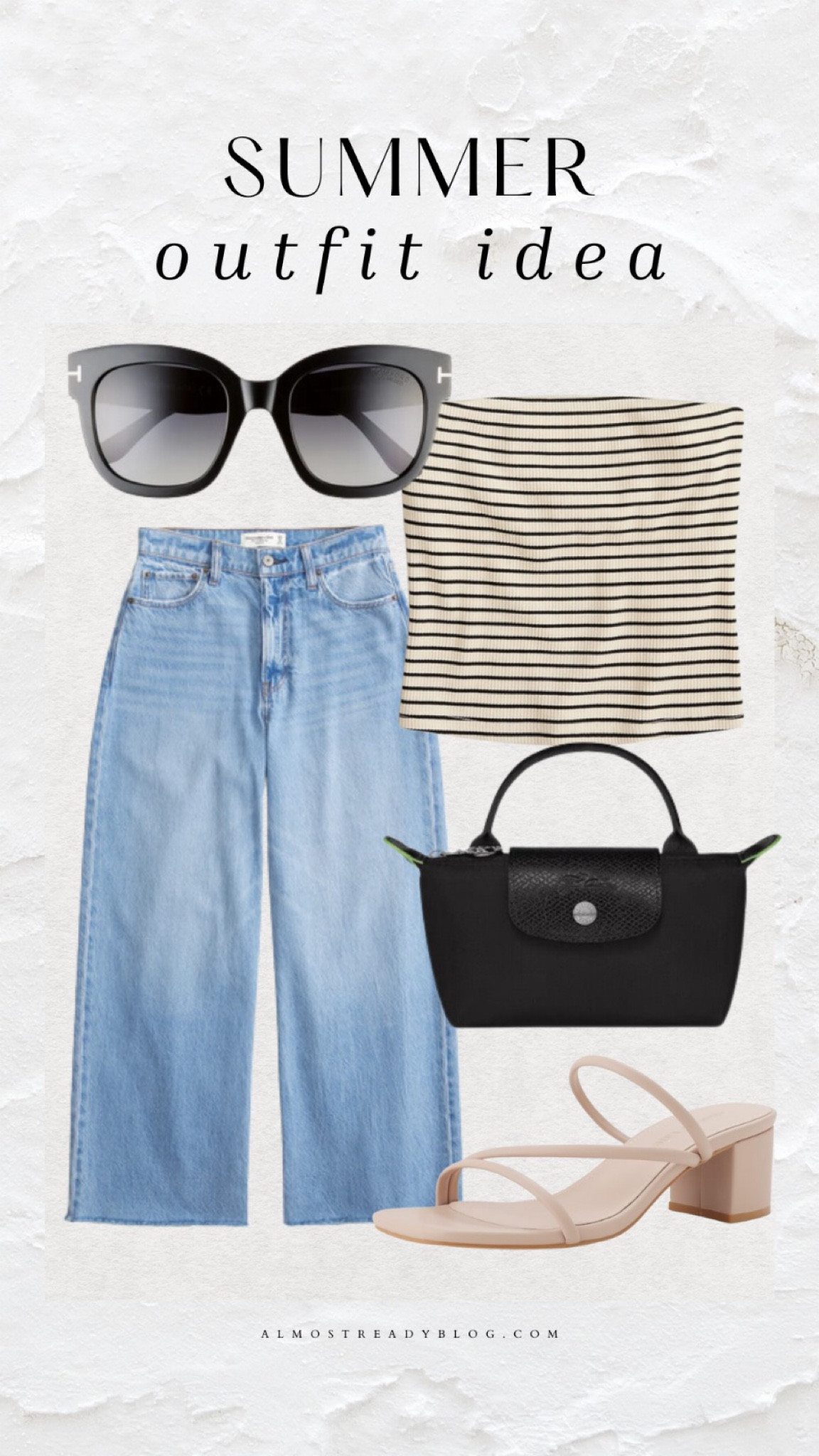 Summer outfit, denim skirt, tube top, le pliage cosmetic case 

#LTKFindsUnder100