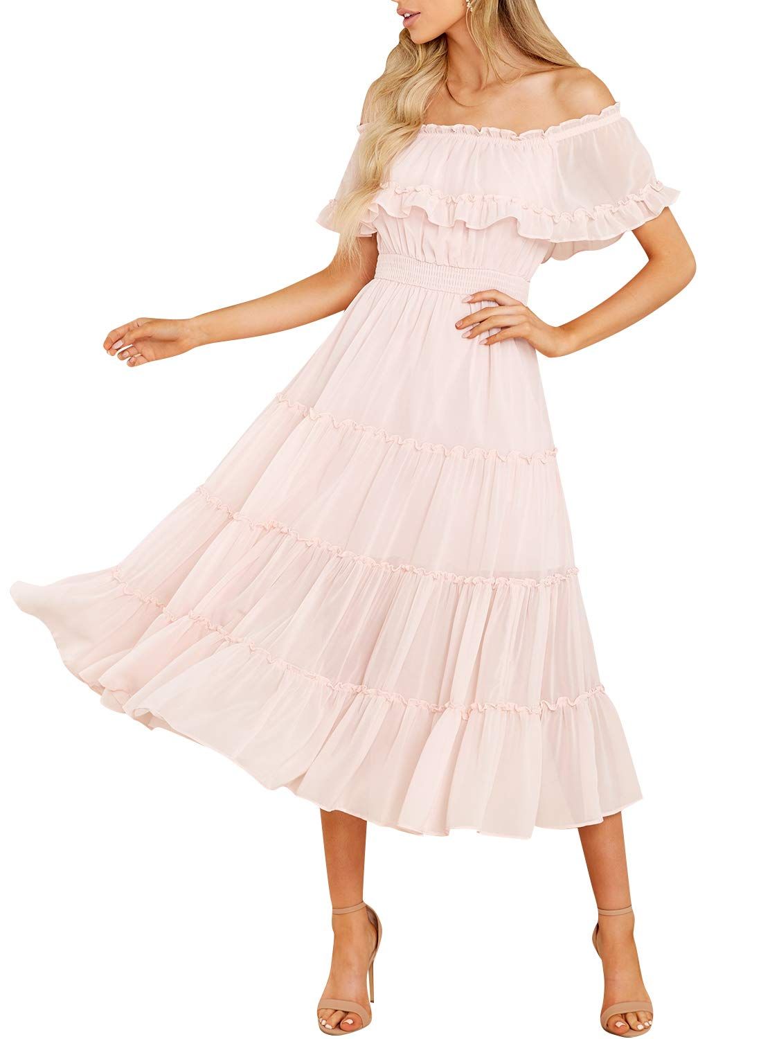 Sollinarry Women Off Shoulder Cotton Embroidery Ruffle Swing Summer Maxi Dress | Amazon (US)