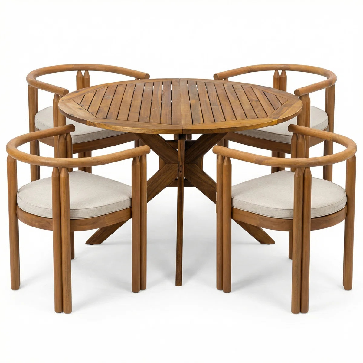 Cagnie Scandinavian Minimalist Acacia Wood Outdoor Dining Set With Cushioned Chairs And Round Sla... | Wayfair North America