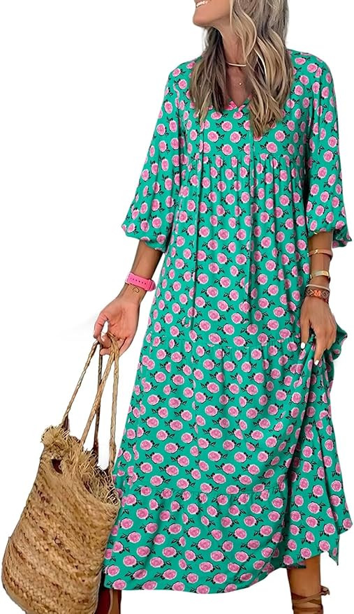 Dokotoo Women Boho Maxi Dresses 2026 V Neck Long Puff Sleeve Smocked Ruffle Flowy Casual Dress | Amazon (US)