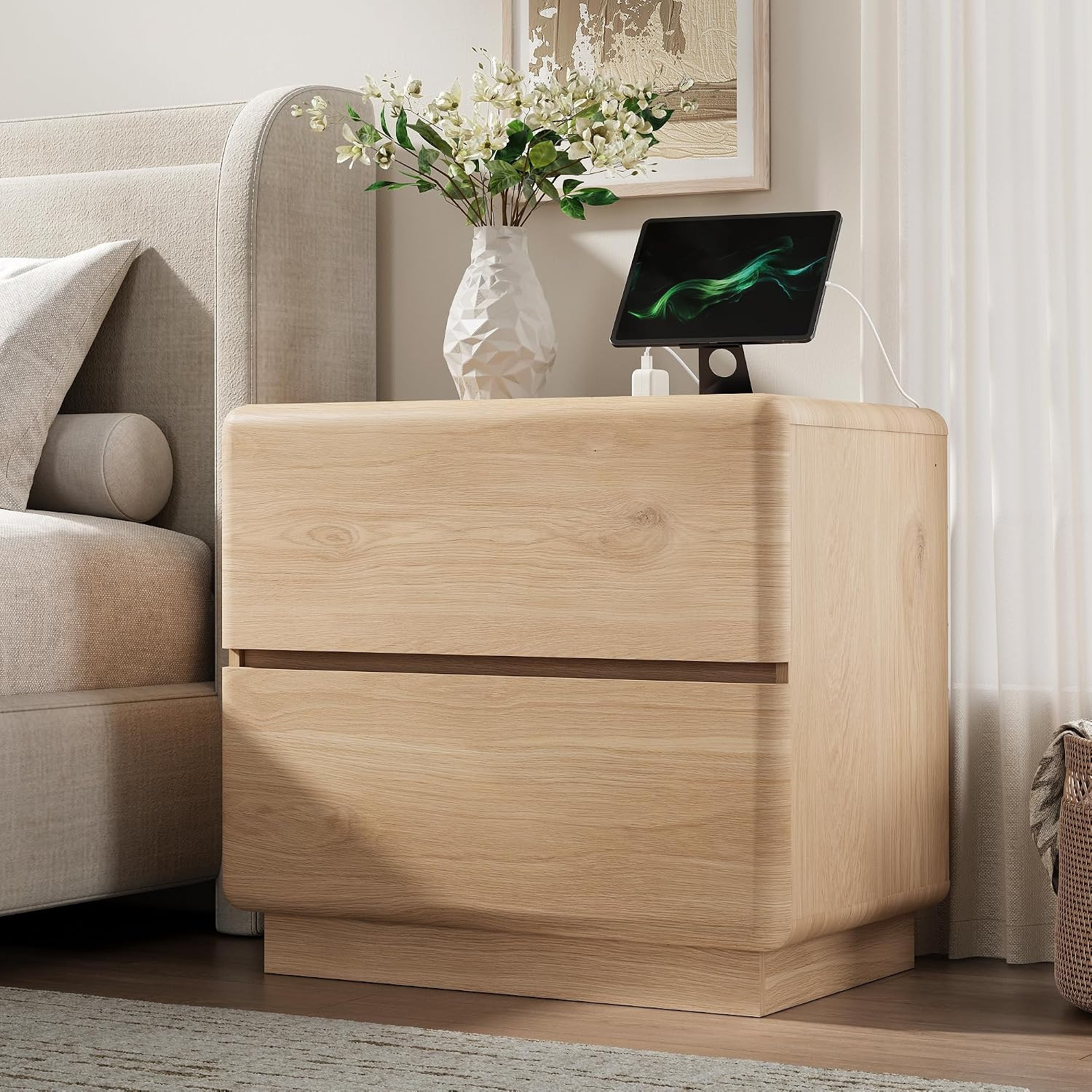 YANSNWO 23.6" Natural 2-Drawer Nightstand with Charging Station | Amazon (US)