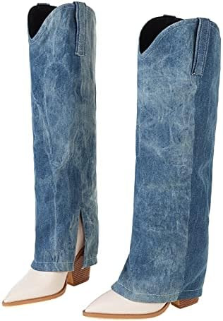Kluolandi Women's Fold Over Western Knee High Boots Stacked Chunky Heel Pointed Toe Denim Tall Co... | Amazon (US)