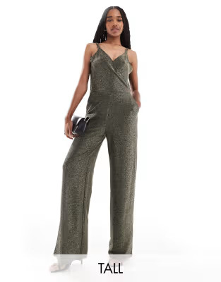 Vero Moda Tall - Jumpsuit met wijde pijpen en bandjes in zwart en gouden glitter | ASOS (Global)