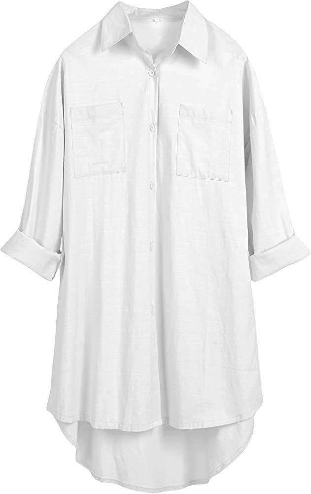 Bianstore Women's Oversized Linen Shirts Blouses Tops Long Sleeve High Low Button Up Shirts | Amazon (US)