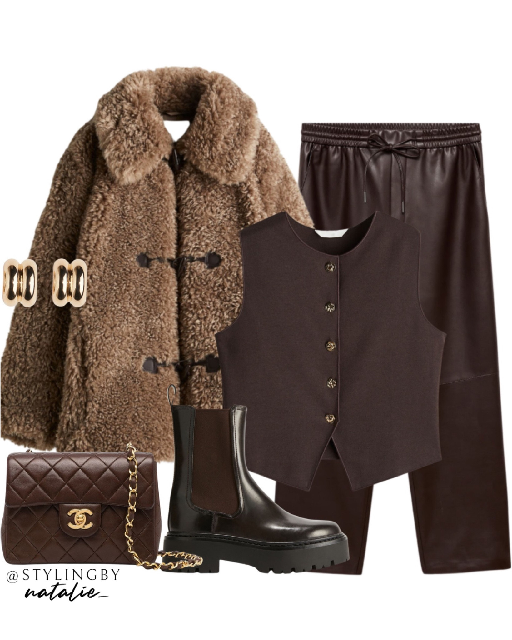Fur jacket with appliqués, dark brown elasticated waist faux leather trousers, dark brown jersey waistcoat top, dark brown Chelsea boots, gold earrings & Chanel bag. 
Autumn/winter look, outerwear, jackets/coats, casual chic, boots, dark brown outfit.

#LTKstyletip #LTKeurope #LTKautumn