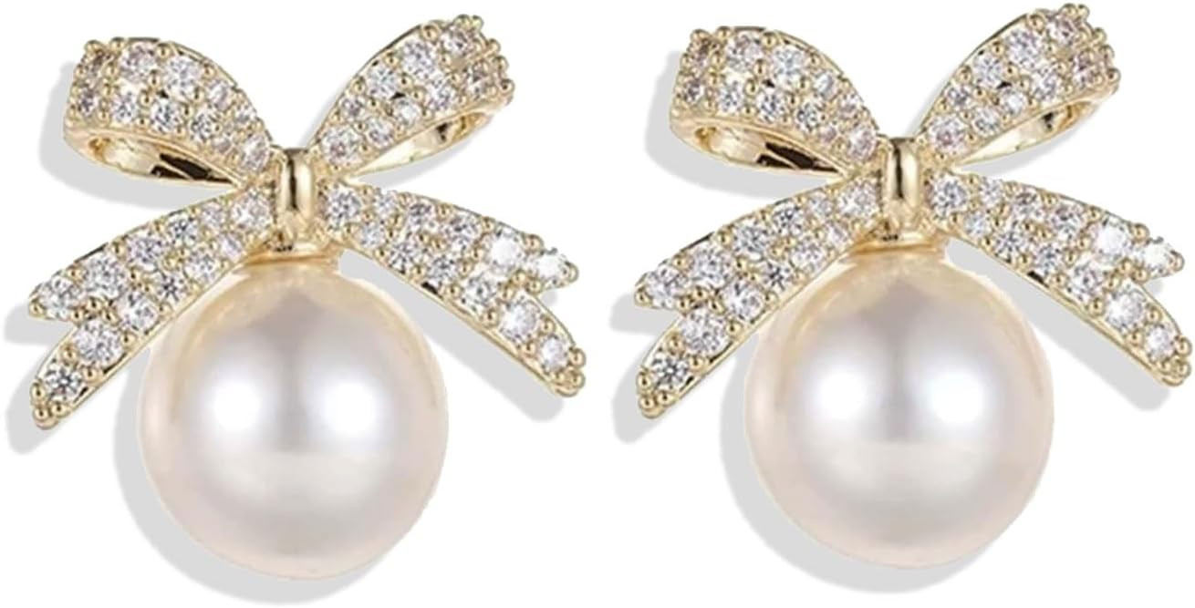 Pearl Bow Earrings Dainty Bow Earrings Rhinestone Bow Stud Earrings Pearl Statement Earrings for ... | Amazon (US)
