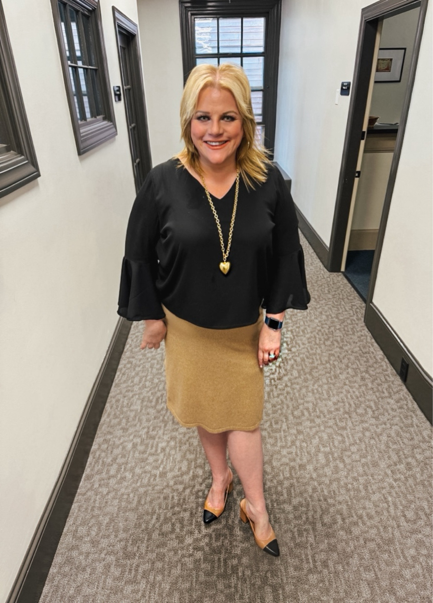 Here is a comfortable outfit for the office.
It also is a great “transition” outfit. The top is long sleeves, but they are flowing.
The skirt has a cashmere feel. In the cooler months, it will work well with a pair of black tights.

Fall outfits, work outfits, classics, two-toned shoes, block heels, black and tan, Nordstrom, Amazon, Puffy heart

#LTKFindsUnder100 #LTKWorkwear #LTKSeasonal