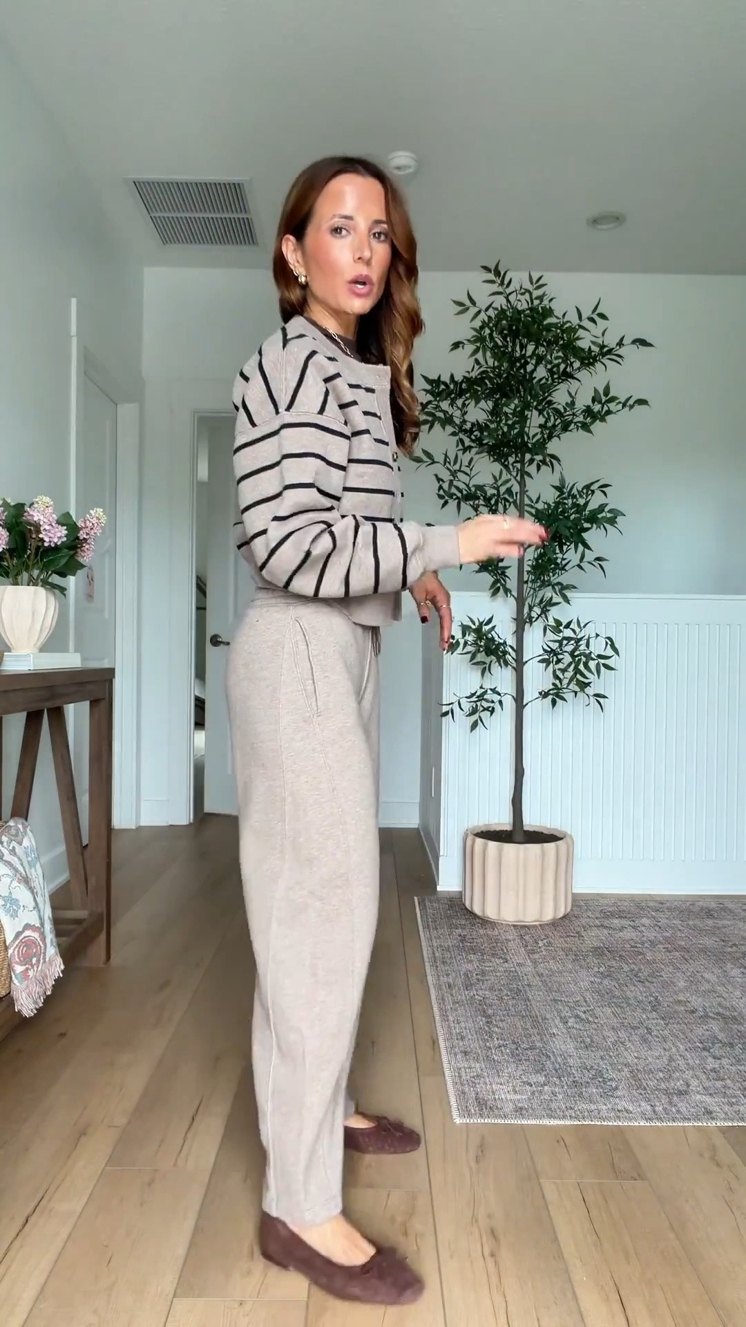 Code AFLTK. New matching sweatpants sets. Wearing XXS short in sweatpants and XXS in cardigan. Abercrombie matching sets. Suede ballet flats are TTS. Travel outfit. Casual outfit. Everyday outfit. Mom outfit. Weekend outfit. Lounge outfit.