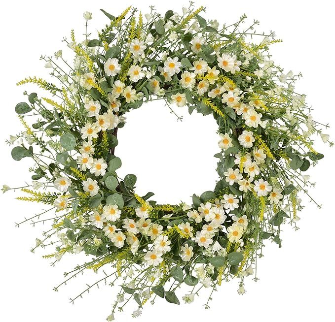 LSKYTOP 22 Inches Artificial Daisy Flower Wreath with Eucalyptus Leave Silk Flower White Berries ... | Amazon (US)