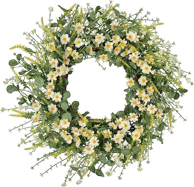 LSKYTOP 22 Inches Artificial Daisy Flower Wreath with Eucalyptus Leave Silk Flower White Berries ... | Amazon (US)