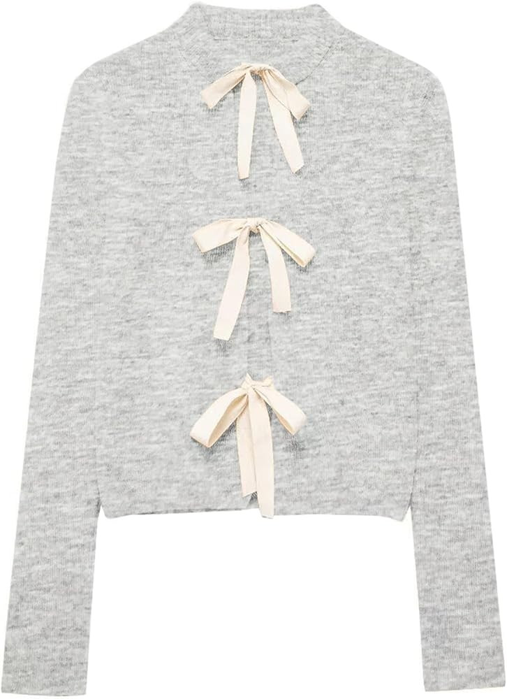 Women Long Sleeve Bow Tie Front Cardigan Sweater Open Front Knit Pullover Tops Casual 2024 Fall W... | Amazon (US)