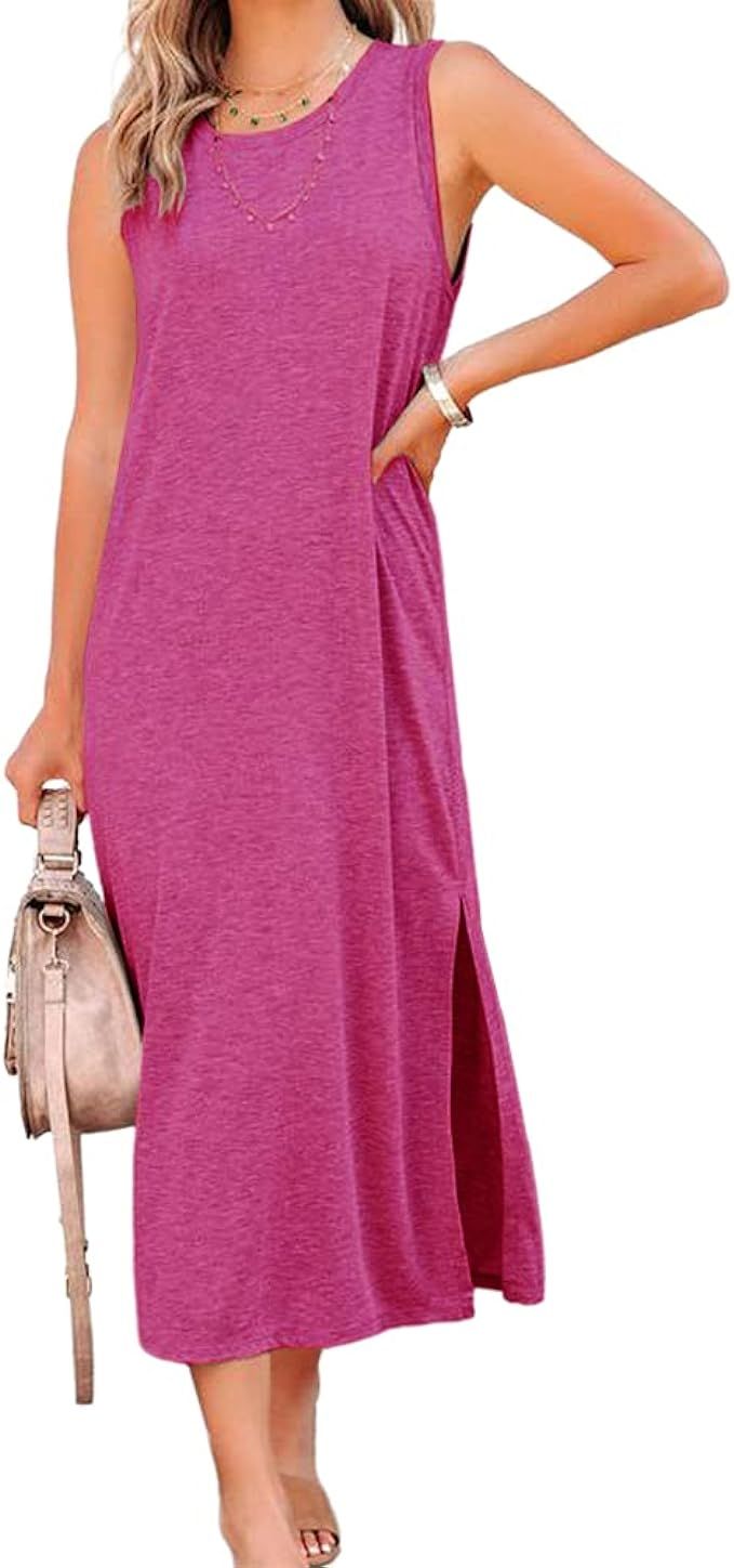 Genayge Women's Summer Sleeveless Long Tank Dress Casual Side Split Flare Maxi Dresses | Amazon (US)