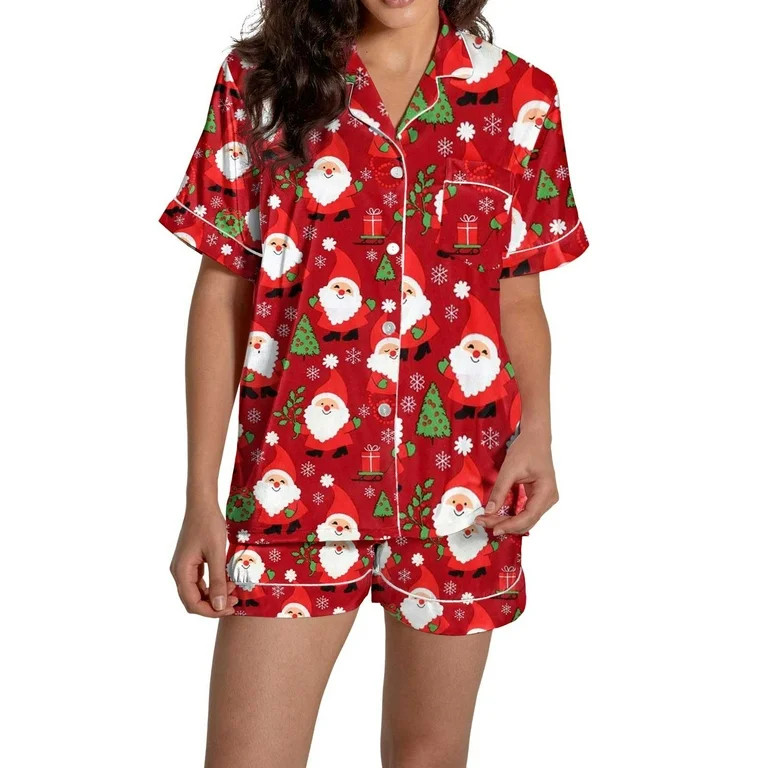 Christmas Red Pajamas for Women Set Women Pajamas Graphic Printed Silk Satin Cute Sleepwear Butto... | Walmart (US)