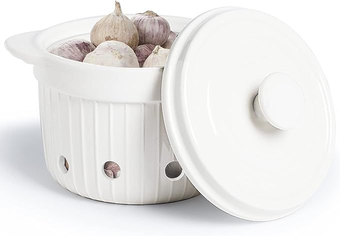 Garlic Keeper with Lid, Ceramic Garlic Saver Container for Countertop, Kitchen Decor (White) | Amazon (US)