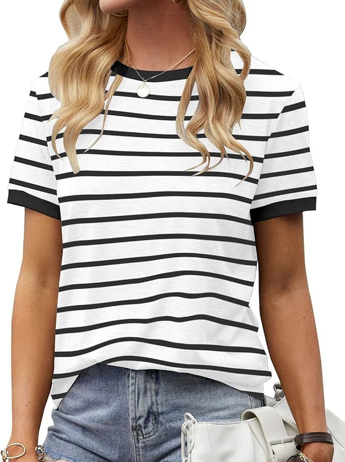 Womens T Shirt Short Sleeve Crew Neck Basic Color Block Tee Tops | Amazon (US)