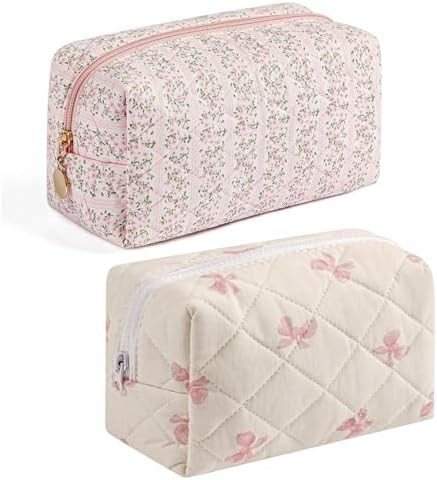 Gleyemor 2 Pieces Quilted Makeup Bag, Cute Floral Cosmetic Bag for Women, Cotton Make Up Bag Set,... | Amazon (US)