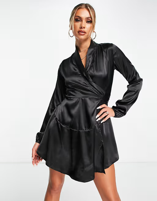 TFNC satin wrap mini dress in black | ASOS (Global)