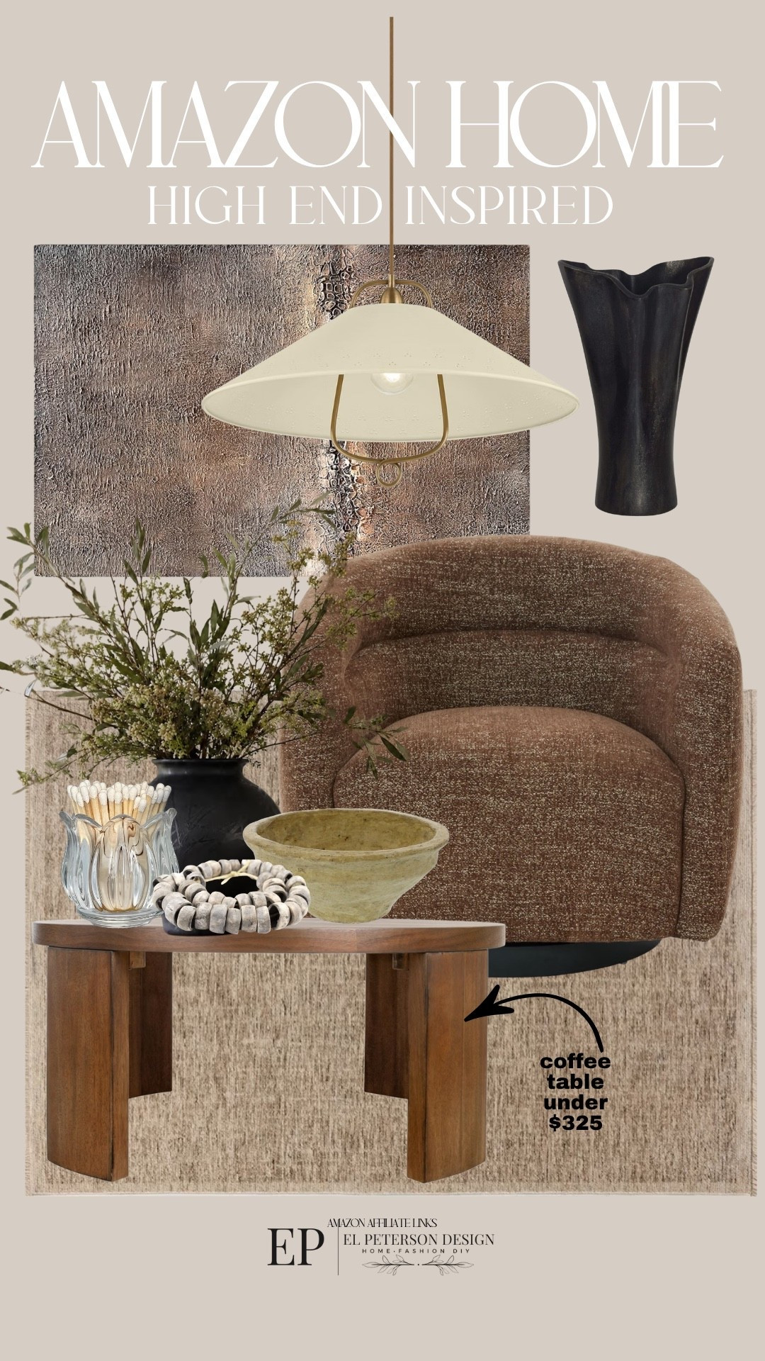 Amazon 
Artwork
Pendant light
Bowl
Match holder
Vase
Accent Chair
Coffee table

#LTKHome